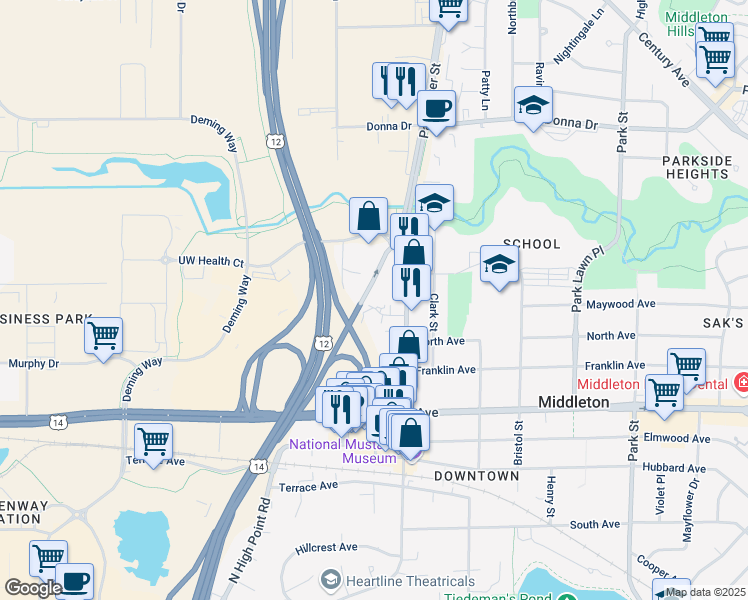 map of restaurants, bars, coffee shops, grocery stores, and more near 7518 Rohlich Court in Middleton