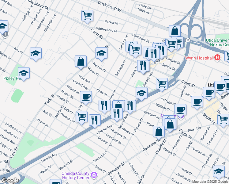 map of restaurants, bars, coffee shops, grocery stores, and more near Schuyler Street & Wager Street in Utica