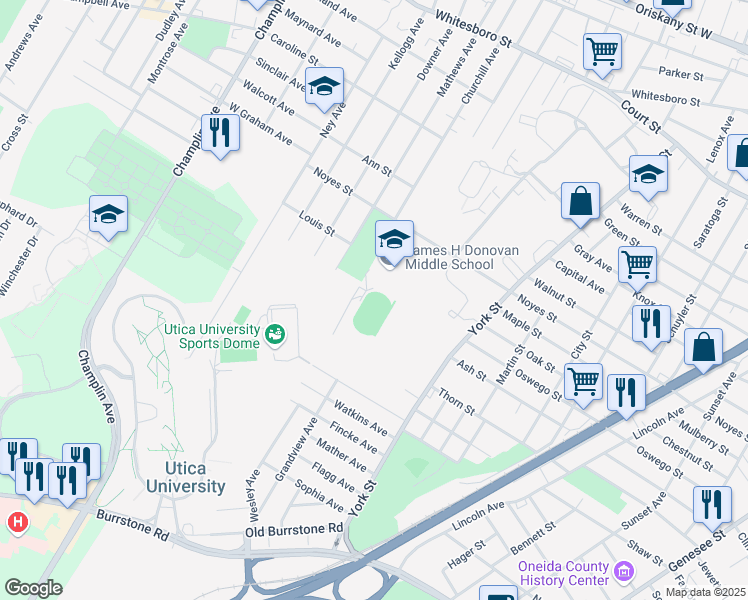 map of restaurants, bars, coffee shops, grocery stores, and more near 1701 Noyes Street in Utica