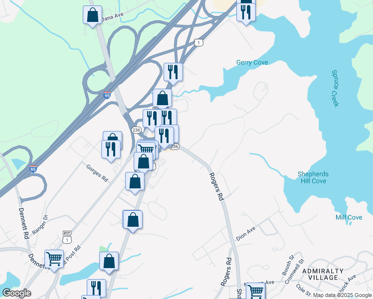 map of restaurants, bars, coffee shops, grocery stores, and more near 198 Rogers Road in Kittery