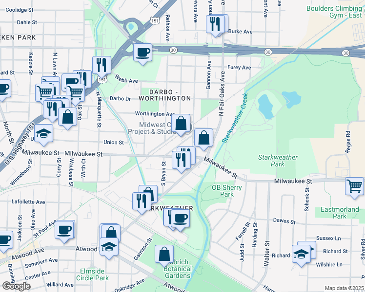 map of restaurants, bars, coffee shops, grocery stores, and more near 43 North Bryan Street in Madison