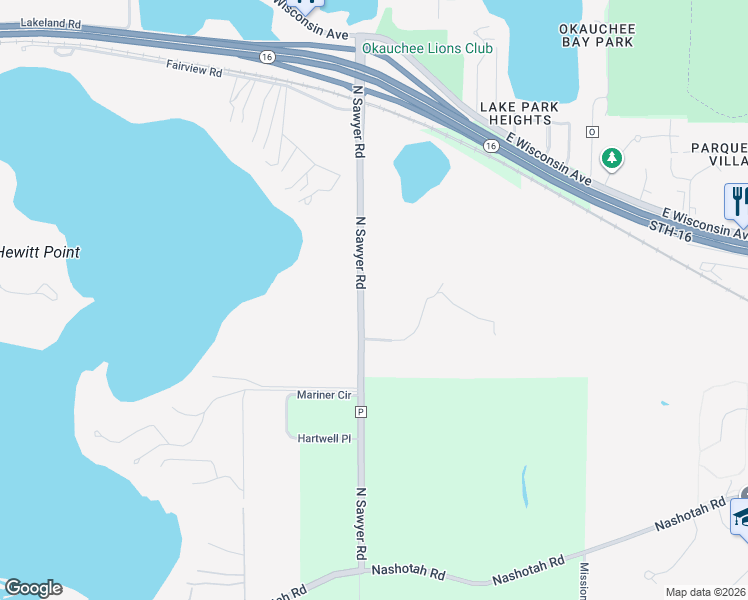 map of restaurants, bars, coffee shops, grocery stores, and more near 4512 North Sawyer Road in Oconomowoc