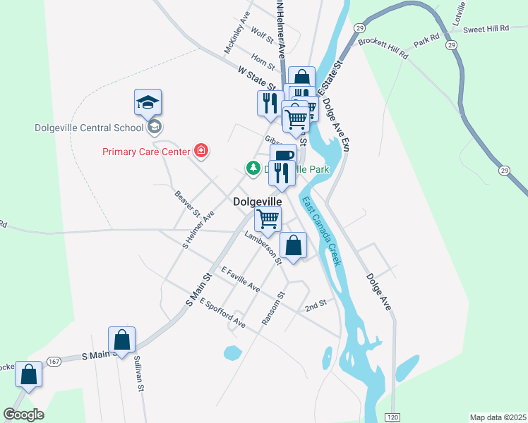 map of restaurants, bars, coffee shops, grocery stores, and more near 41 South Main Street in Dolgeville