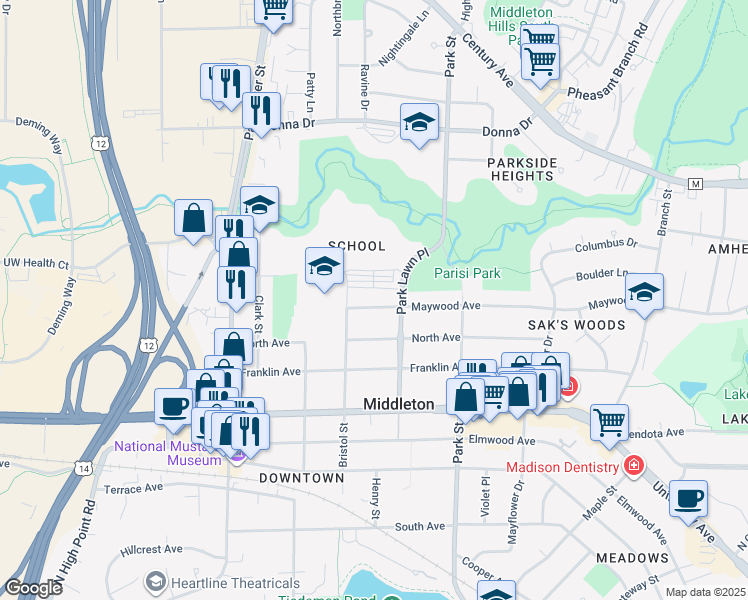 map of restaurants, bars, coffee shops, grocery stores, and more near 2100 Bristol Street in Middleton