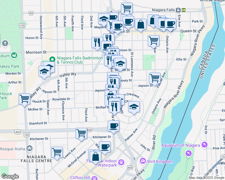 map of restaurants, bars, coffee shops, grocery stores, and more near Victoria Ave & Jepson St in Niagara Falls