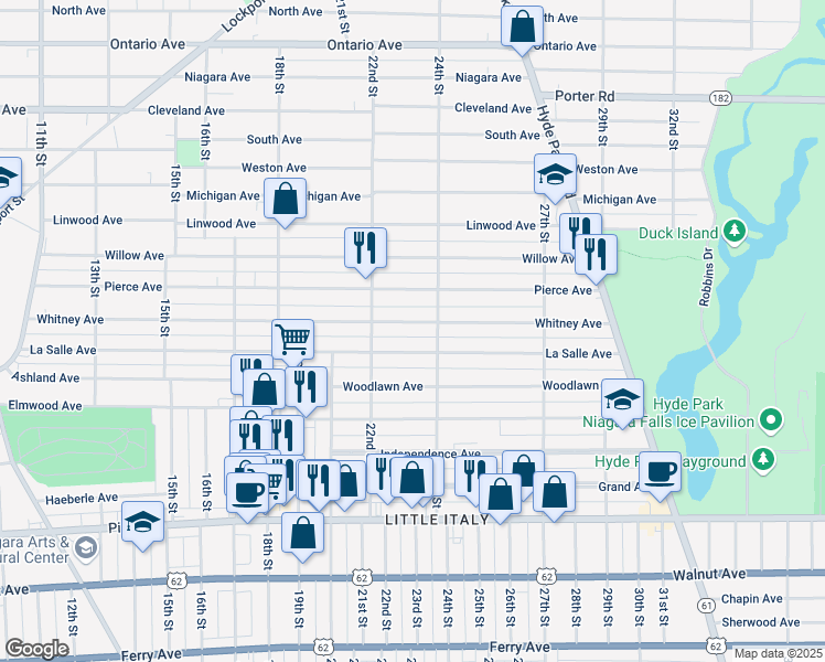 map of restaurants, bars, coffee shops, grocery stores, and more near 2226 Whitney Avenue in Niagara Falls