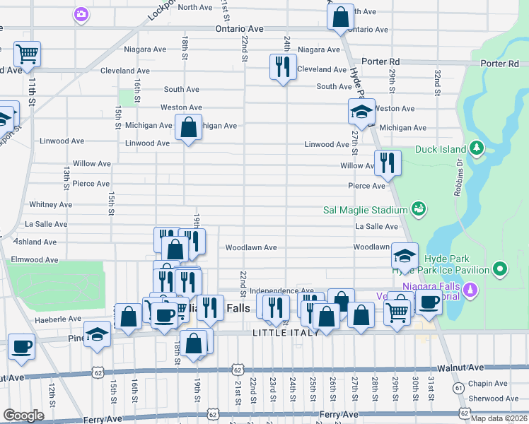 map of restaurants, bars, coffee shops, grocery stores, and more near 2226 Whitney Avenue in Niagara Falls