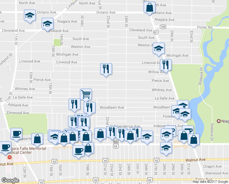 map of restaurants, bars, coffee shops, grocery stores, and more near 2221 Whitney Avenue in Niagara Falls