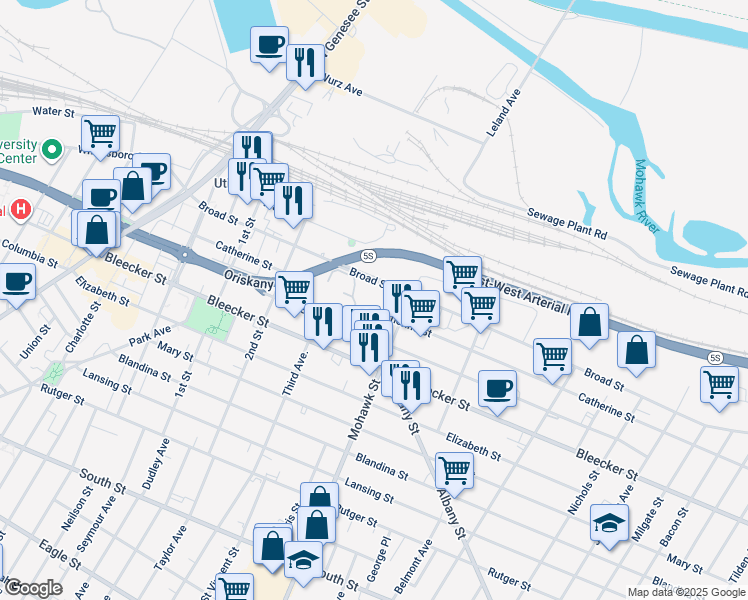map of restaurants, bars, coffee shops, grocery stores, and more near 659 Catherine Street in Utica