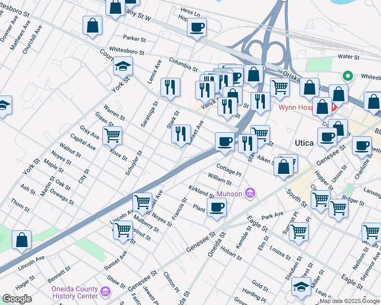 map of restaurants, bars, coffee shops, grocery stores, and more near 710 Stevens Street in Utica