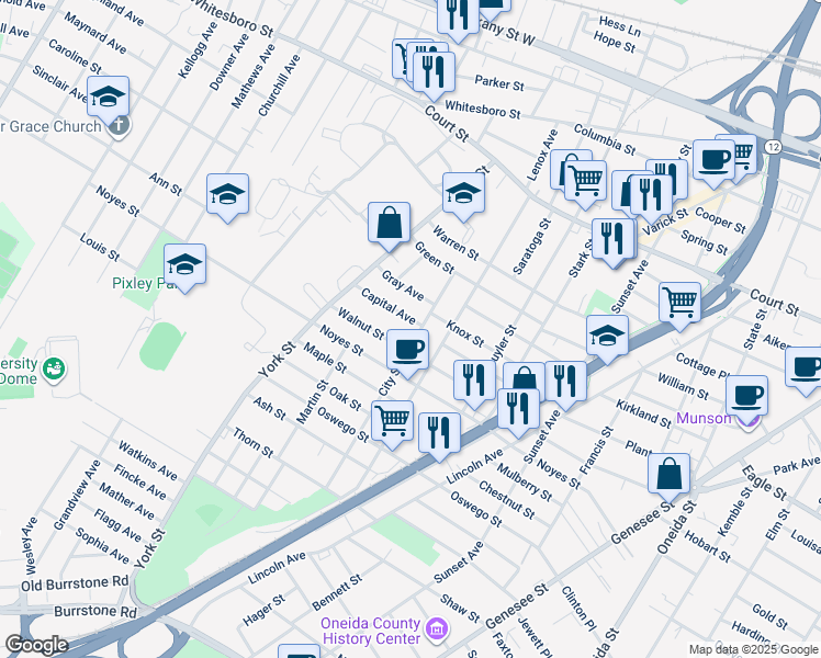 map of restaurants, bars, coffee shops, grocery stores, and more near 1206 Capital Avenue in Utica