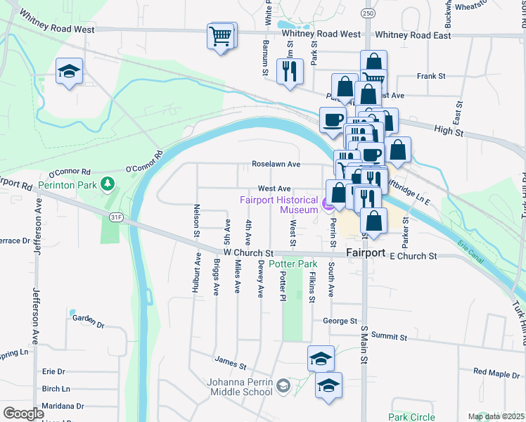 map of restaurants, bars, coffee shops, grocery stores, and more near 8 Woodlawn Avenue in Fairport
