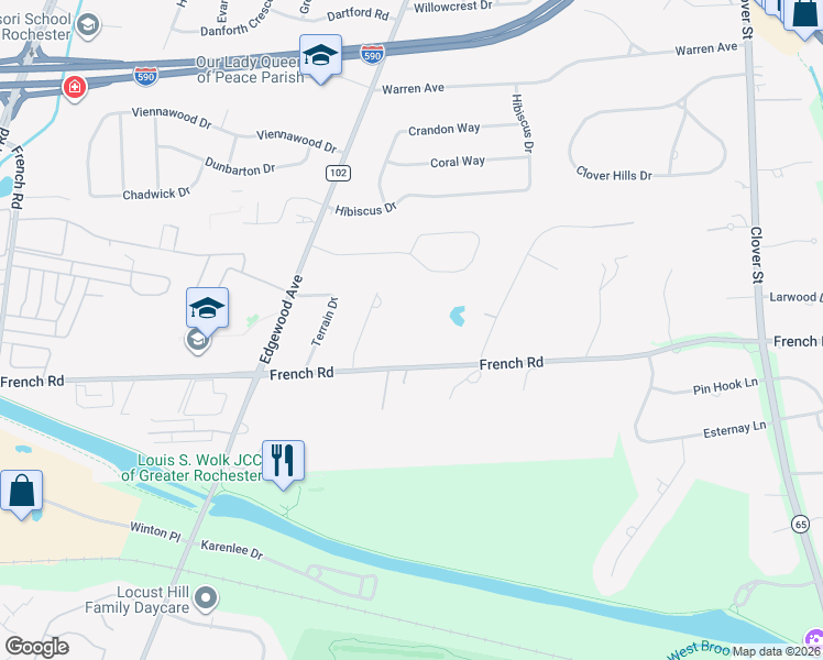 map of restaurants, bars, coffee shops, grocery stores, and more near 468 French Road in Rochester