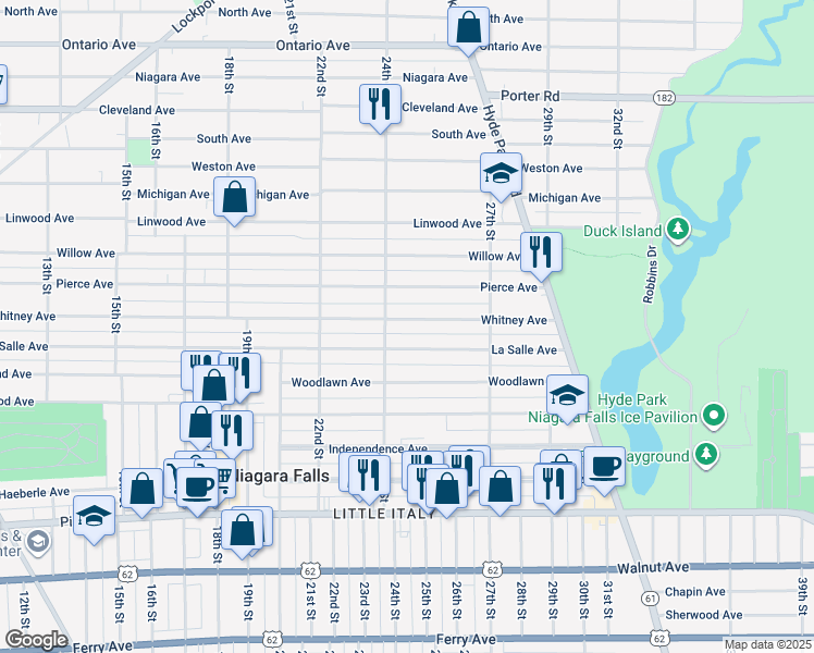 map of restaurants, bars, coffee shops, grocery stores, and more near 2434 Whitney Avenue in Niagara Falls