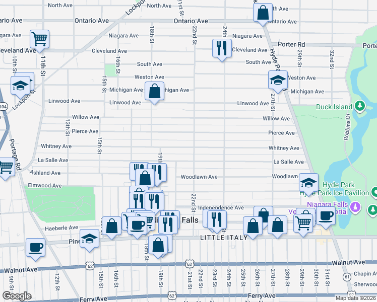 map of restaurants, bars, coffee shops, grocery stores, and more near 1966 Whitney Avenue in Niagara Falls