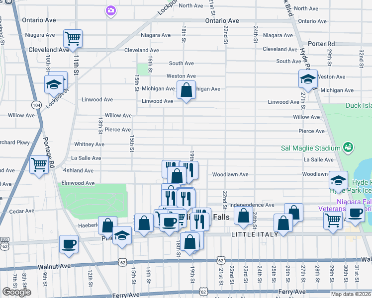 map of restaurants, bars, coffee shops, grocery stores, and more near 1305 18th Street in Niagara Falls