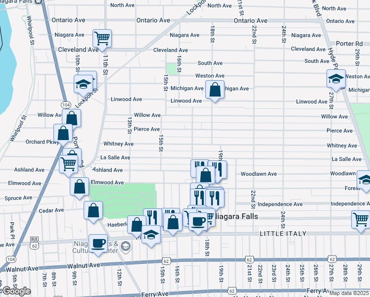 map of restaurants, bars, coffee shops, grocery stores, and more near 1540 Whitney Avenue in Niagara Falls