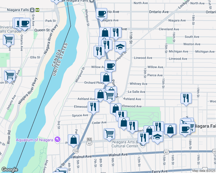 map of restaurants, bars, coffee shops, grocery stores, and more near 720 Orchard Parkway in Niagara Falls