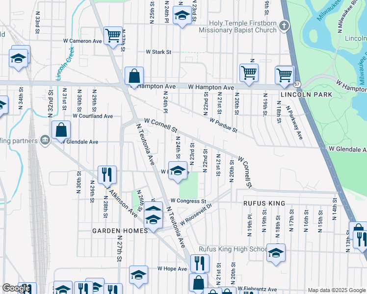 map of restaurants, bars, coffee shops, grocery stores, and more near 4611 North 24th Street in Milwaukee
