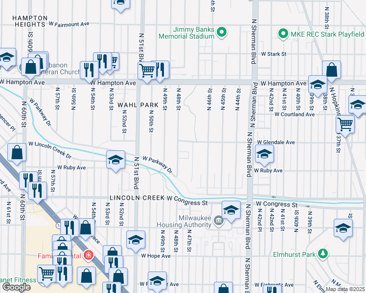 map of restaurants, bars, coffee shops, grocery stores, and more near 4605 North 48th Street in Milwaukee
