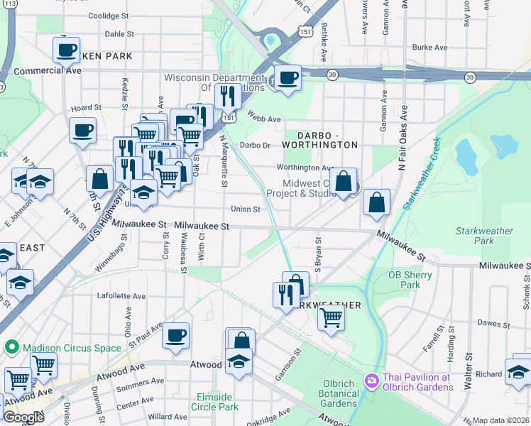 map of restaurants, bars, coffee shops, grocery stores, and more near 3005 Hermina Street in Madison