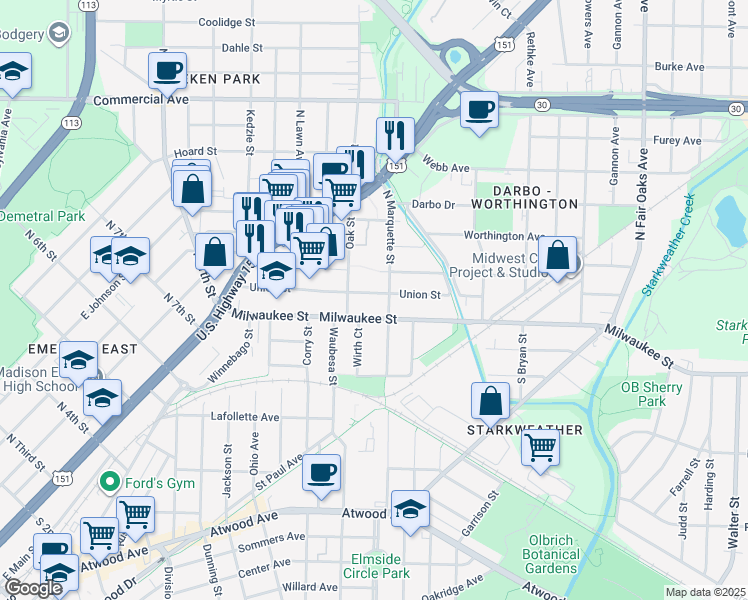 map of restaurants, bars, coffee shops, grocery stores, and more near 109 North Marquette Street in Madison