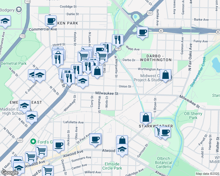 map of restaurants, bars, coffee shops, grocery stores, and more near 2806 Union Street in Madison