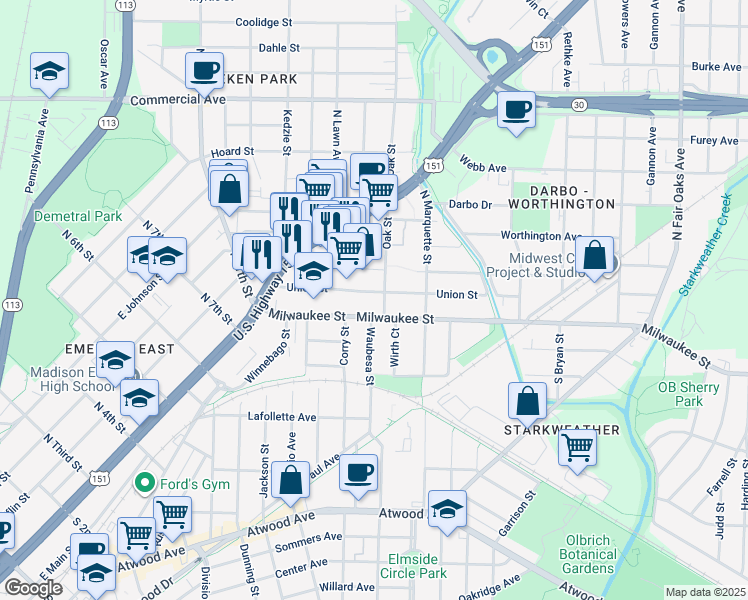 map of restaurants, bars, coffee shops, grocery stores, and more near 2734 Union Street in Madison