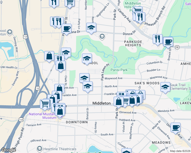 map of restaurants, bars, coffee shops, grocery stores, and more near 2100 Bristol Street in Middleton