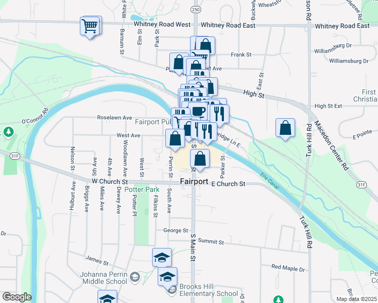 map of restaurants, bars, coffee shops, grocery stores, and more near 58 Fairport Village Landing in Fairport