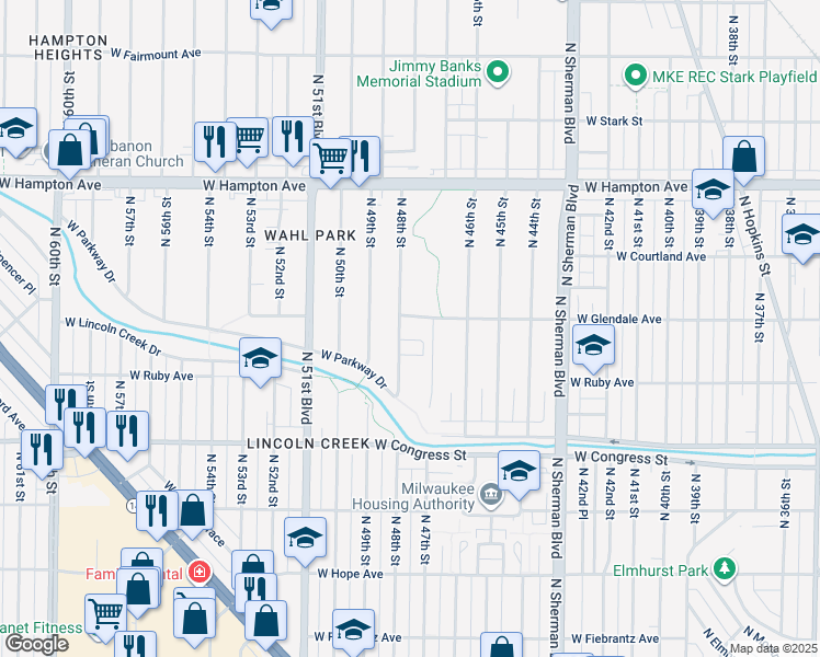 map of restaurants, bars, coffee shops, grocery stores, and more near 4605 North 48th Street in Milwaukee