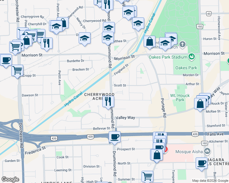 map of restaurants, bars, coffee shops, grocery stores, and more near 5070 Drummond Road in Niagara Falls