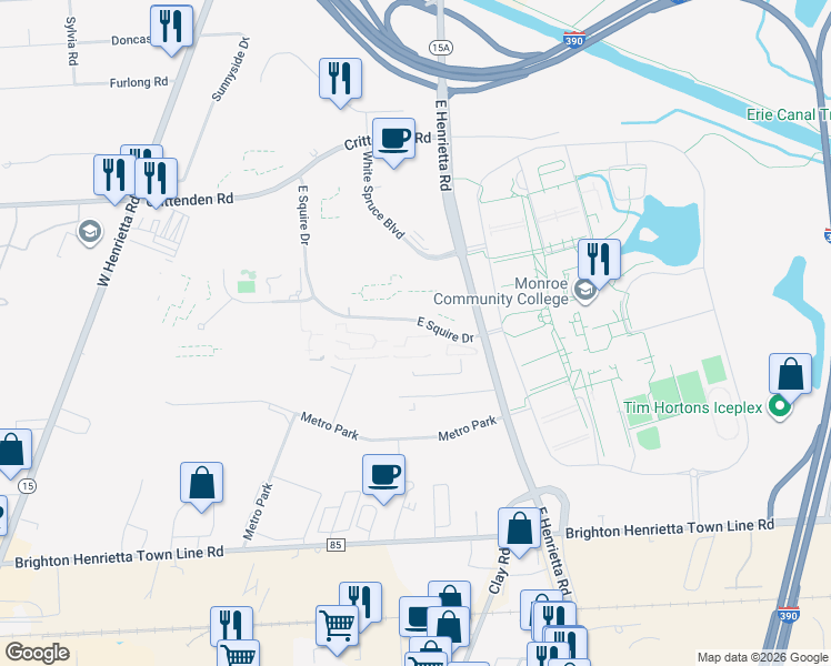 map of restaurants, bars, coffee shops, grocery stores, and more near 65 East Squire Drive in Rochester