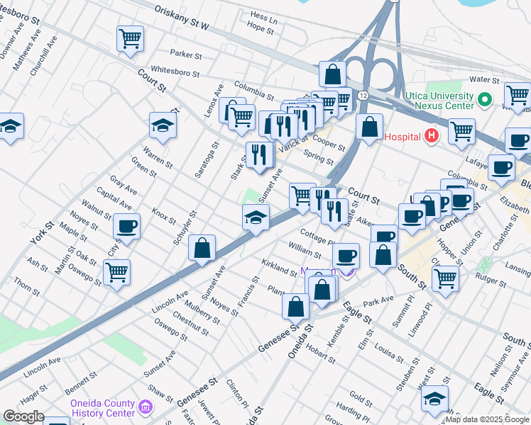 map of restaurants, bars, coffee shops, grocery stores, and more near 710 Stevens Street in Utica