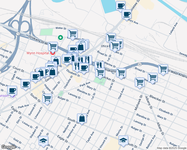map of restaurants, bars, coffee shops, grocery stores, and more near 310 Bleecker Street in Utica