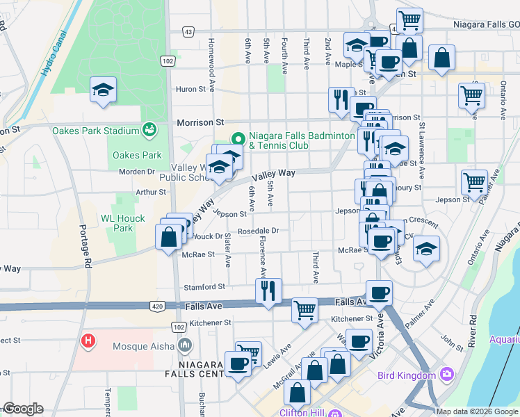 map of restaurants, bars, coffee shops, grocery stores, and more near 5189 Jepson Street in Niagara Falls