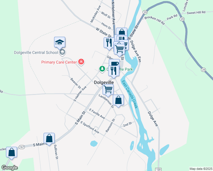 map of restaurants, bars, coffee shops, grocery stores, and more near 41 South Main Street in Dolgeville