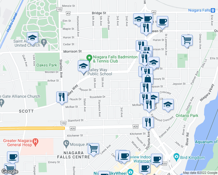 map of restaurants, bars, coffee shops, grocery stores, and more near 5107 Jepson Street in Niagara Falls