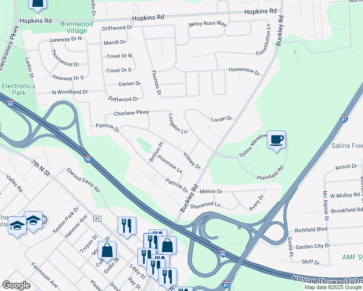 map of restaurants, bars, coffee shops, grocery stores, and more near 103 Longdon Lane in Syracuse