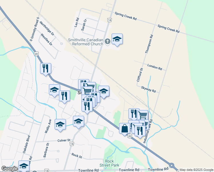 map of restaurants, bars, coffee shops, grocery stores, and more near 127 Erie Avenue in Smithville