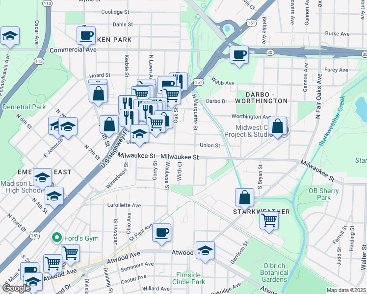 map of restaurants, bars, coffee shops, grocery stores, and more near 2817 Union Street in Madison