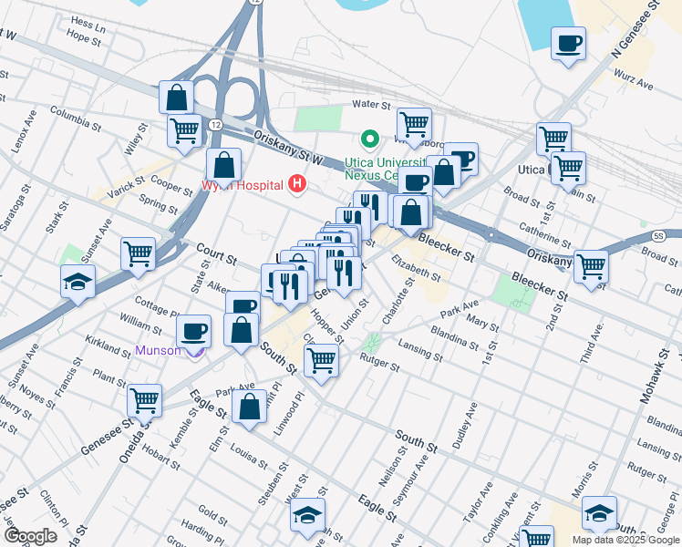 map of restaurants, bars, coffee shops, grocery stores, and more near 714 Washington Street in Utica