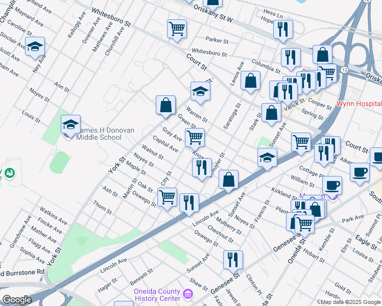 map of restaurants, bars, coffee shops, grocery stores, and more near 1118 Lenox Avenue in Utica