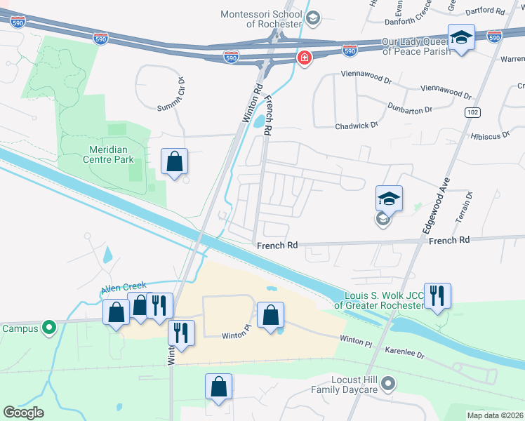 map of restaurants, bars, coffee shops, grocery stores, and more near 579 Eastbrooke Lane in Rochester