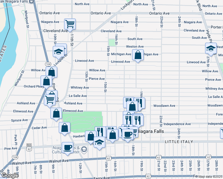 map of restaurants, bars, coffee shops, grocery stores, and more near 1303 15th Street in Niagara Falls