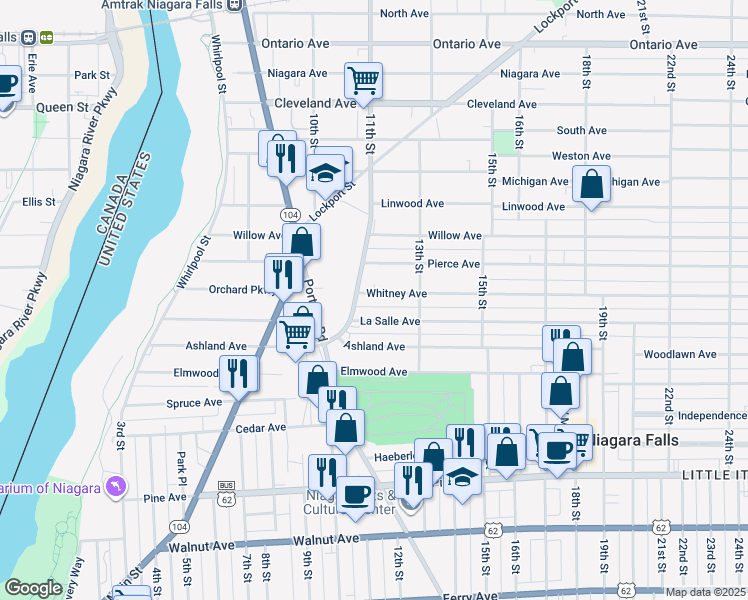 map of restaurants, bars, coffee shops, grocery stores, and more near 1128 Whitney Avenue in Niagara Falls