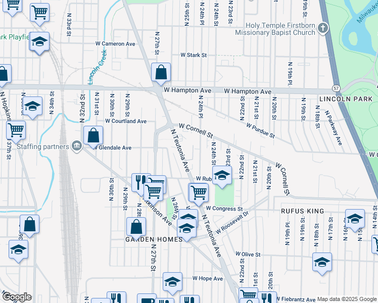 map of restaurants, bars, coffee shops, grocery stores, and more near 2508 West Glendale Avenue in Milwaukee