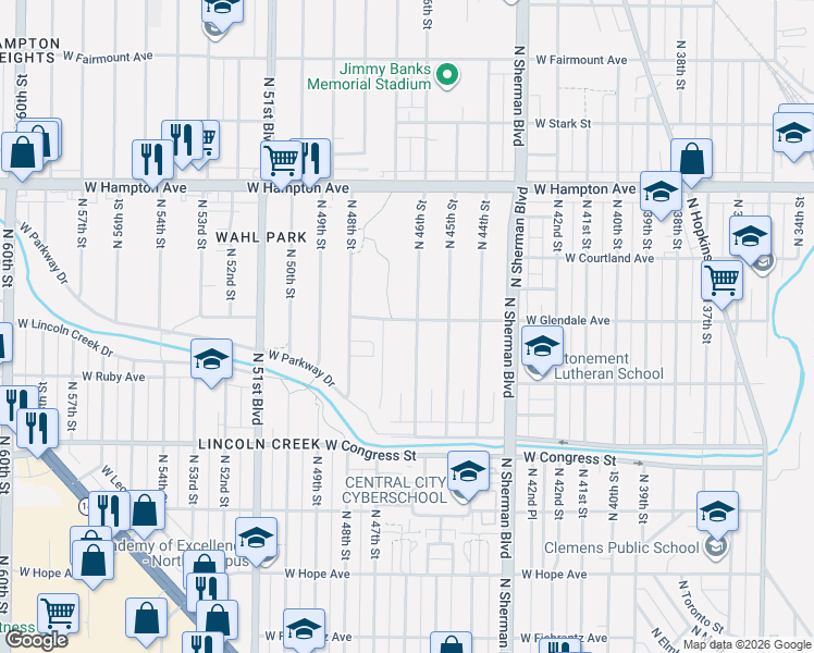 map of restaurants, bars, coffee shops, grocery stores, and more near 4606 North 46th Street in Milwaukee