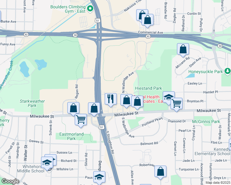 map of restaurants, bars, coffee shops, grocery stores, and more near 4120 Bruns Avenue in Madison