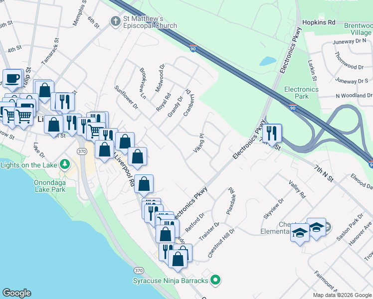 map of restaurants, bars, coffee shops, grocery stores, and more near 210 Sunflower Drive in Liverpool